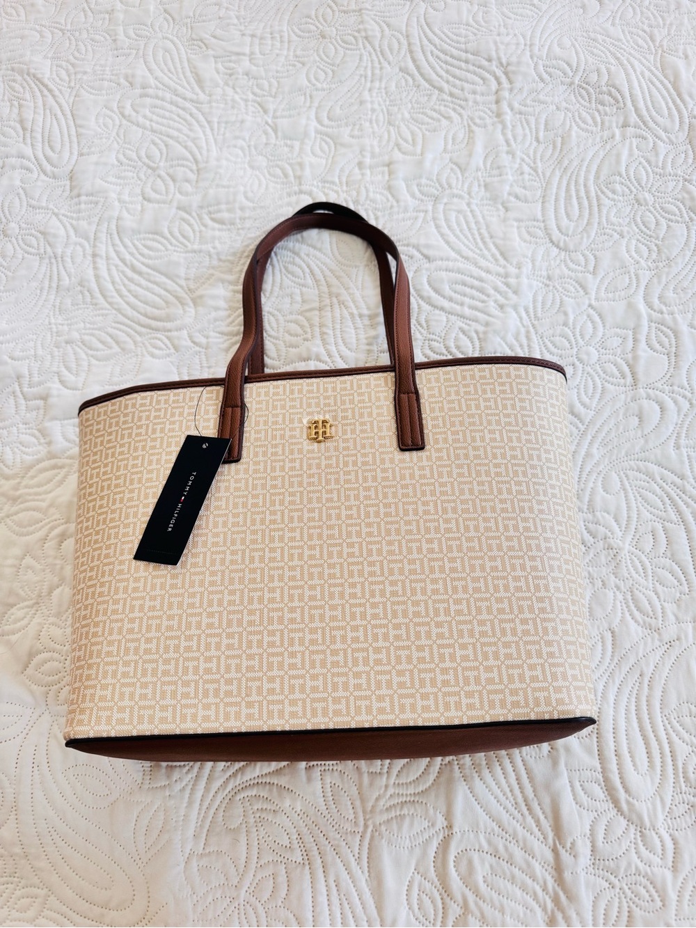 Tommy Hilfiger Beige and Brown Signature Tote with Gold Accent. New